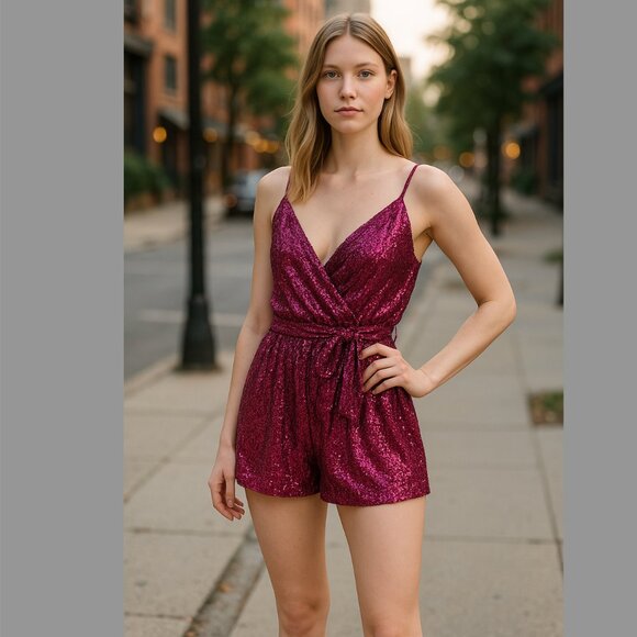 MAC DUGGAL Romper Size S Pink NEW V Neck Pockets Sequin Optional Belt - Picture 1 of 5